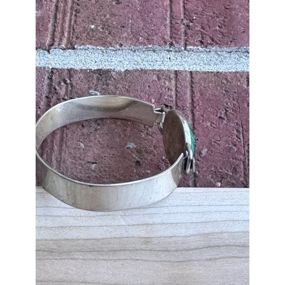 Sterling Silver Malachite Oval Bracelet 925 Vintage - Picture 6 of 7